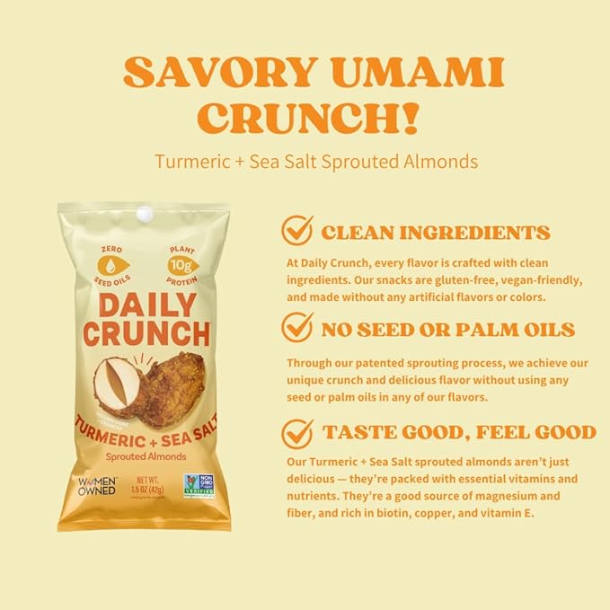 Daily Crunch Sprouted Almonds 1.5 Ounce Mini On-The-Go Bags Sprouted and Dehydrated for a Unique Crunch Keto Friendly Non-GMO (1.5 Ounce Turmeric &amp Sea Salt)