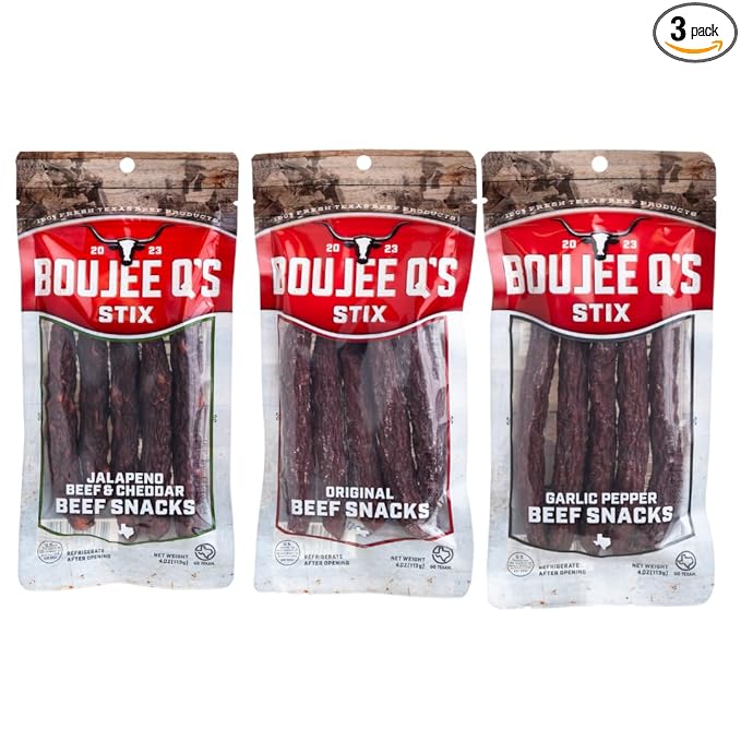 Boujee Q’s Beef Stix - 100% Soft Beef Snack Sticks w - Smoked Jerky-Style Protein Snack - Gluten-Free Low Carb No Sugar Keto Friendly - Made in USA - 3 Pack Original Garlic Pepper and Jalapeno C