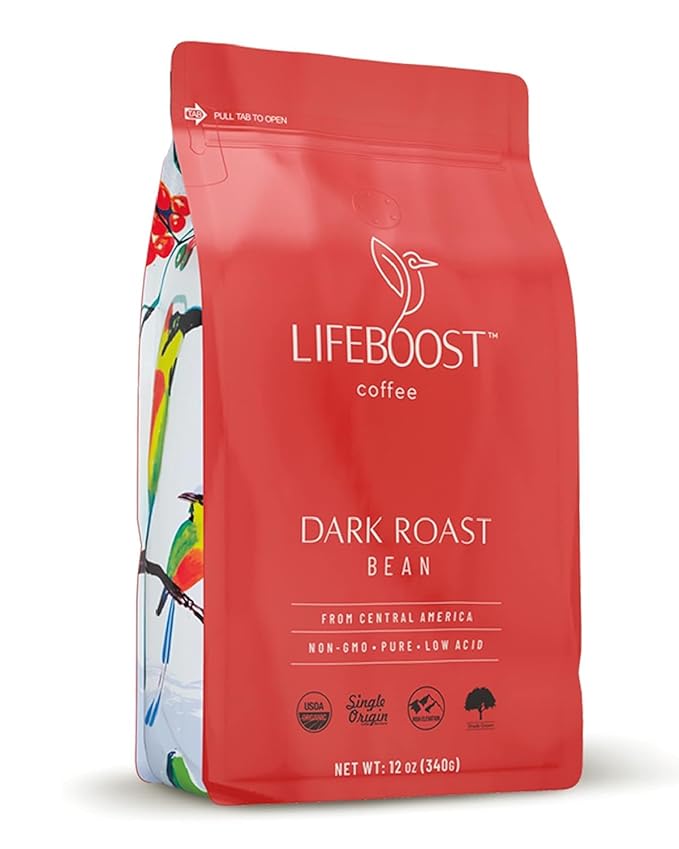 Lifeboost Dark Organic Coffee Beans - Single Origin Non-GMO Dark Roast Low Acid Coffee Beans - Third Party Tested For Mycotoxins &amp Pesticides - Whole Bean - 12 Ounces