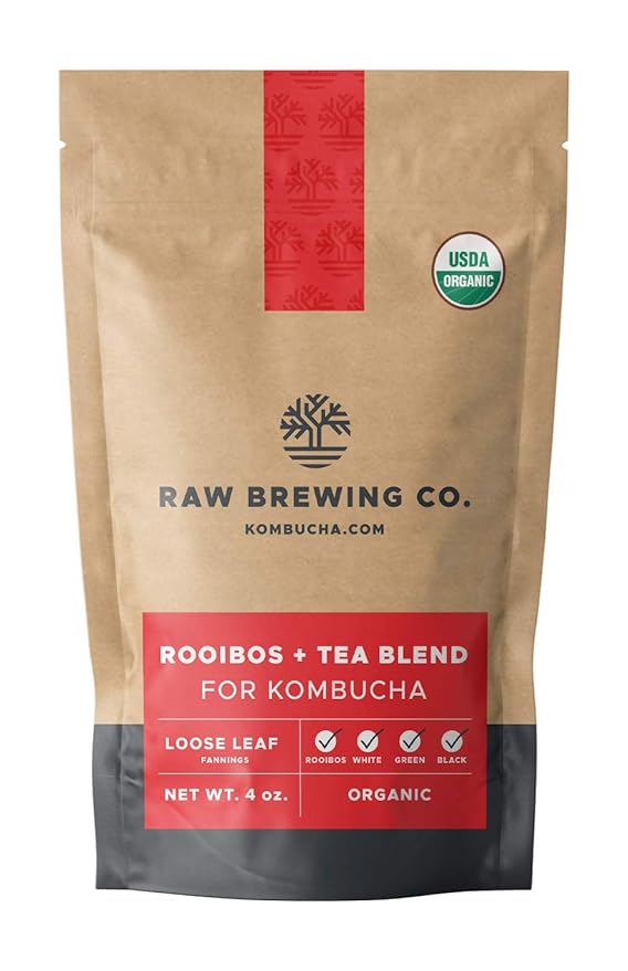 Kombucha.com Certified Organic Loose Leaf Rooibos &amp Tea - Kombucha Brewing Blends (Rooibos/Black/Green/White Tea Blend 8 oz + 50 XL FILTER BAGS) - 30% Rooibos 70% Tea