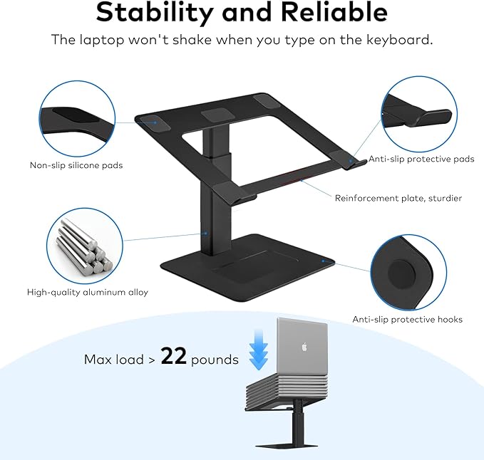 Laptop Stand for Desk Ergonomic Aluminum Laptop Stand Adjustable Height from 7-15 Sitting and Standing Laptop Riser for 10-17 Notebook