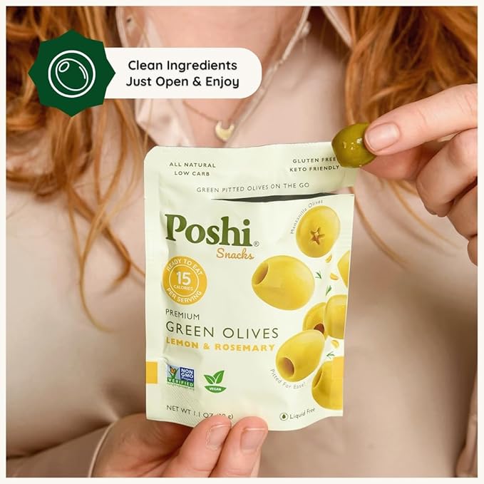 POSHI Green Pitted Olives - Lemon &amp Rosemary | Vegan Kosher Gluten Free + Keto Friendly Fresh All Natural Low Calorie Healthy Snacks | (30 Pack 1.1oz Bags)