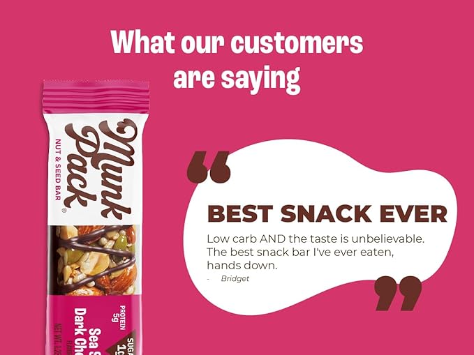 Munk Pack Nut &amp Seed Bars Sea Salt Dark Chocolate Prebiotic Probiotic GLP-1 Snack Gut Friendly 5g Fiber 5g Plant Protein Gluten Free Keto No Sugar Alcohols 3g Net Carb 12 Count
