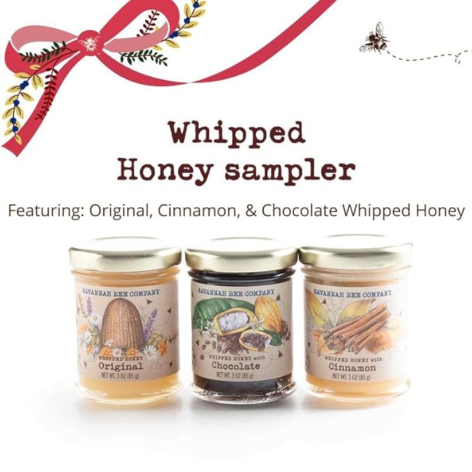 Savannah Bee Company Holiday Whipped Honey Sampler - Trio Honey Sample Set with Chocolate Cinnamon and Original