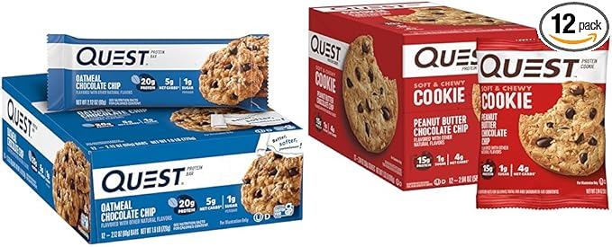 Quest Nutrition Oatmeal Chocolate Chip Protein Bar 12 Count and Peanut Butter Chocolate Chip Protein Cookie 24.5 Oz 12 Count Bundle