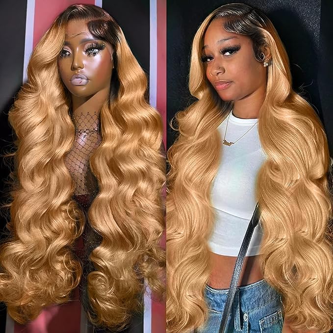 250% density 13x6 Honey Blonde Lace Front Wigs Human Hair 13x6 Body Wave Lace Front Wig Human Hair Wigs for Women Ombre HD Transparent Lace Frontal Wig Pre Plucked with BabyHair 30 Inch