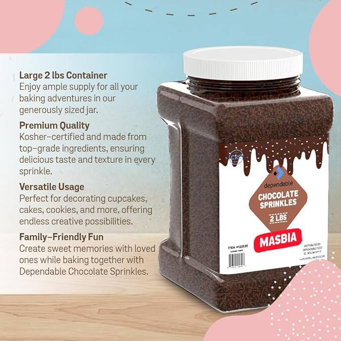 Dependable Food Chocolate Sprinkles - 2 Lb. Bulk Container - Gluten-Free Kosher Brown Jimmies for Cake Decorating Cupcakes &amp More - Resealable Jar