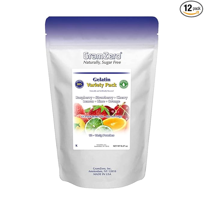GramZero Variety (Raspberry Strawberry Cherry Lemon Lime Orange) Sugar Free Gelatin Mix 12-Pack Zero Carb Dessert Stevia Sweetened