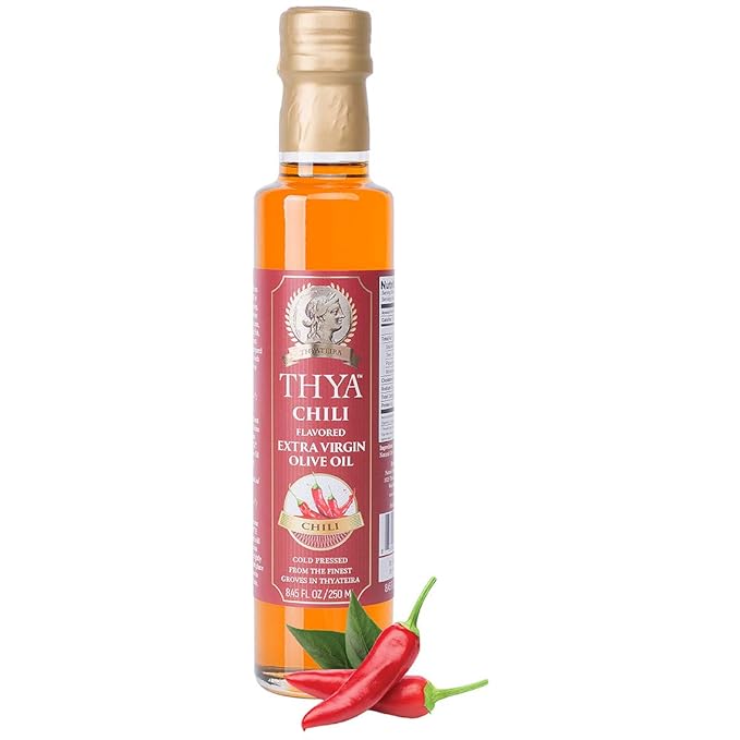 THYA Chili Pepper Flavored Extra Virgin Olive Oil Cold Pressed Olives EVOO for Salad Dressing and Cooking (8.45 fl oz/ 250ml)