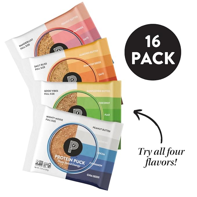 Protein Puck Plant Based Bars | Snacks with Vegan Protein | 16 Count | 3.25 oz Full Size | Gluten Free Non Dairy Kosher Certified Non GMO Premium Healthy Bars | Variety Pack