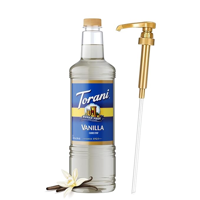 Torani Sugar Free Vanilla Syrup 1 Liter Bottle with Pump Dispenser – Zero Calorie Flavored Coffee Syrup for Lattes Cold Brews Teas Cocktails &amp Desserts