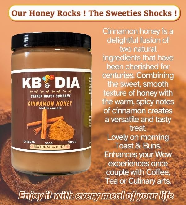 KB &amp DIA Cinnamon Honey Unprocessed Creamed-honey with Cinnamon 100% Pure Canadian Raw Honey Paleo Diet Friendly and Gluten Free Rich Flavour with Nutrient and (500G)