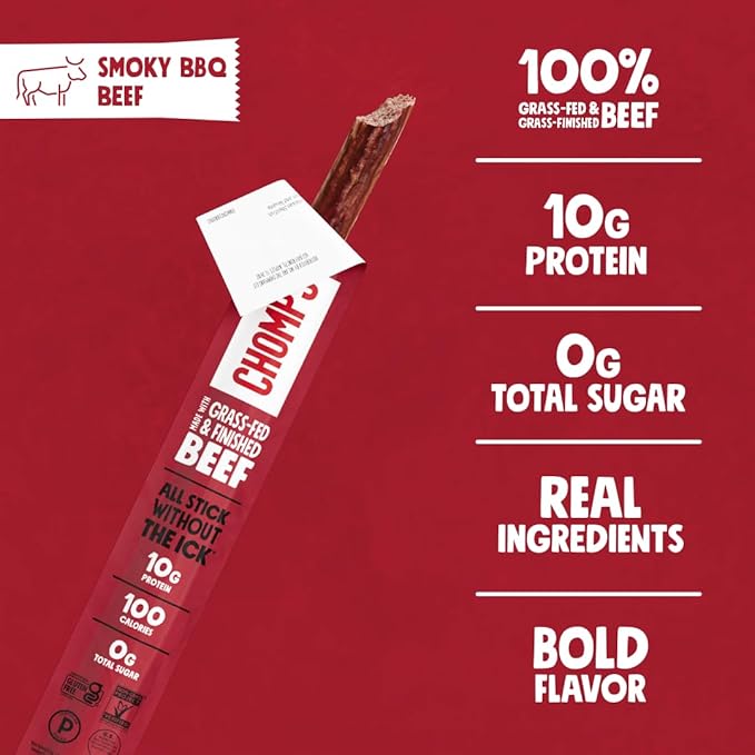 Chomps Grass-Fed and Finished Smoky BBQ Seasoned Beef Jerky Snack Sticks 24-Pack - Keto Paleo Whole30 10g Lean Meat Protein Gluten-Free Zero Sugar Food Non-GMO