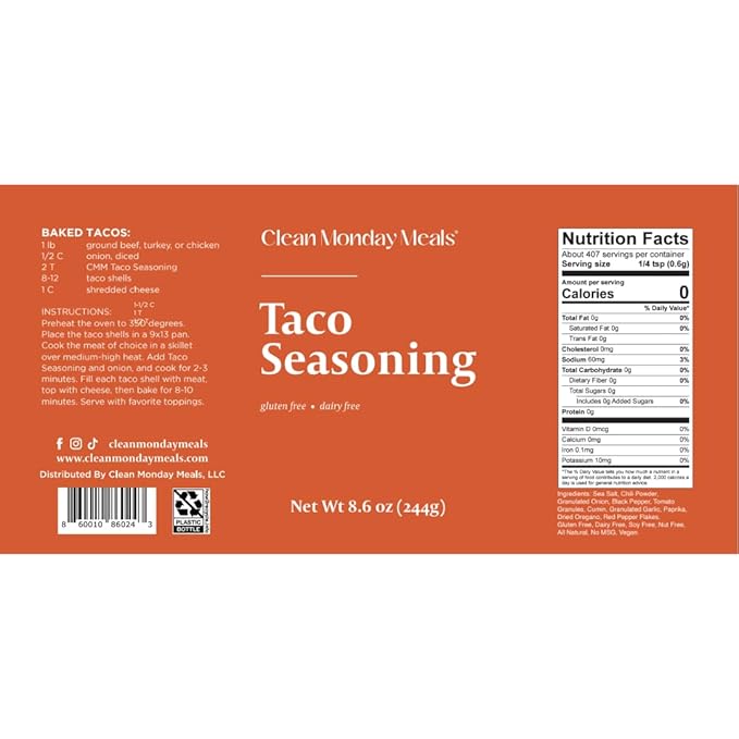 Clean Monday Meals Taco Seasoning Mix | Gluten Free Dairy Free Non-GMO Herb Blend for Pasta Roasts Sauces &amp Meal Prep | Mediterranean Herbs &amp Garlic | Clean Label Spice Mix
