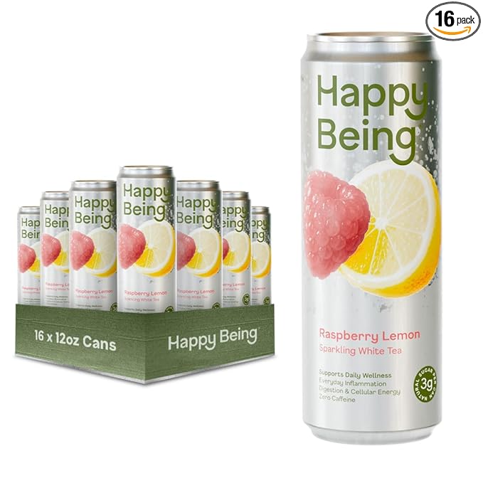 Happy Being Raspberry Lemonade Sparkling White Tea – Antioxidant &amp Polyphenol Rich Infused with Turmeric Elderberry Caffeine Free Plant-Based Low Sugar &amp Low Calorie Drinks 12oz (16 Pack