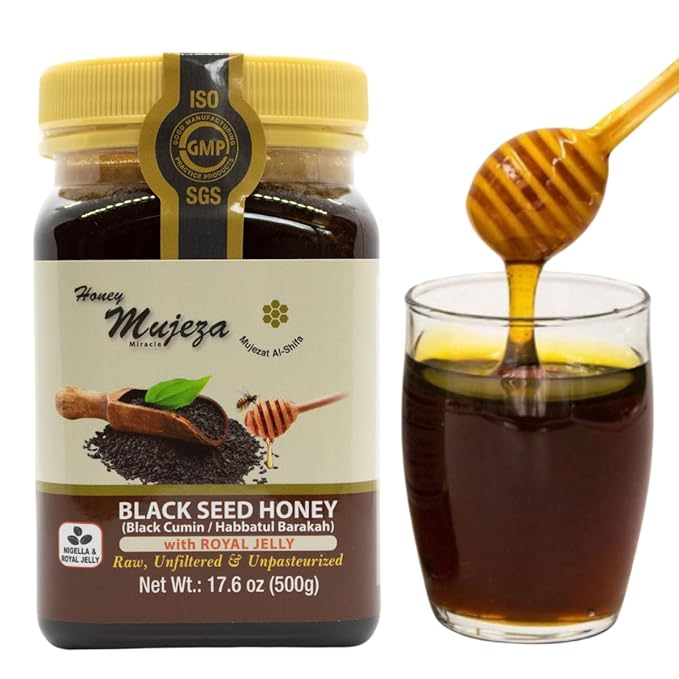 Black Seed Honey with Royal Jelly - Not Mixed with Oil or Powder - Gluten Free - Non GMO - Organic Honey - Immune Booster - 100% Natural Raw Honey (500g /17.6oz)