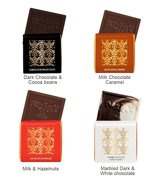 Maxim's De Paris - Assorted Chocolate Squares Gift Box Individually Wrapped Dark Chocolate Milk Chocolate Milk chocolate Caramel Marbled White and Dark Chocolate 36 Pces
