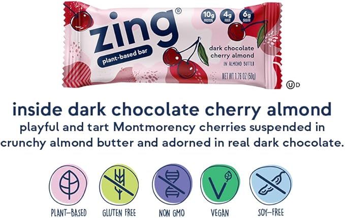 Zing Bars Plant Based Protein Bar Dark Chocolate Cherry Nutrition Bar 10g Protein 6g Fiber Vegan Gluten Free Soy Free Non GMO 12 count