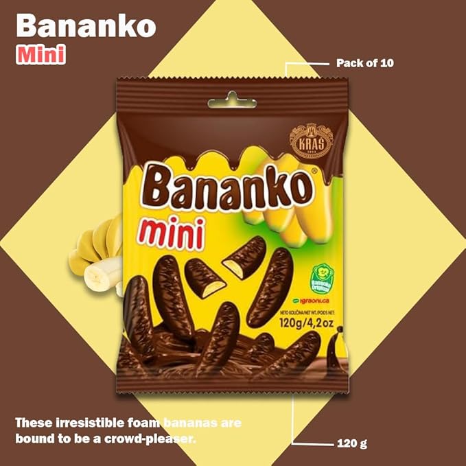 Kraš Bananko 120g - Irresistibly Delicious Mini Chocolate Covered Foam Bananas - Treat Yourself to Every Bite of Sweet Bliss! Pack of 5 (120G 10 Pack)