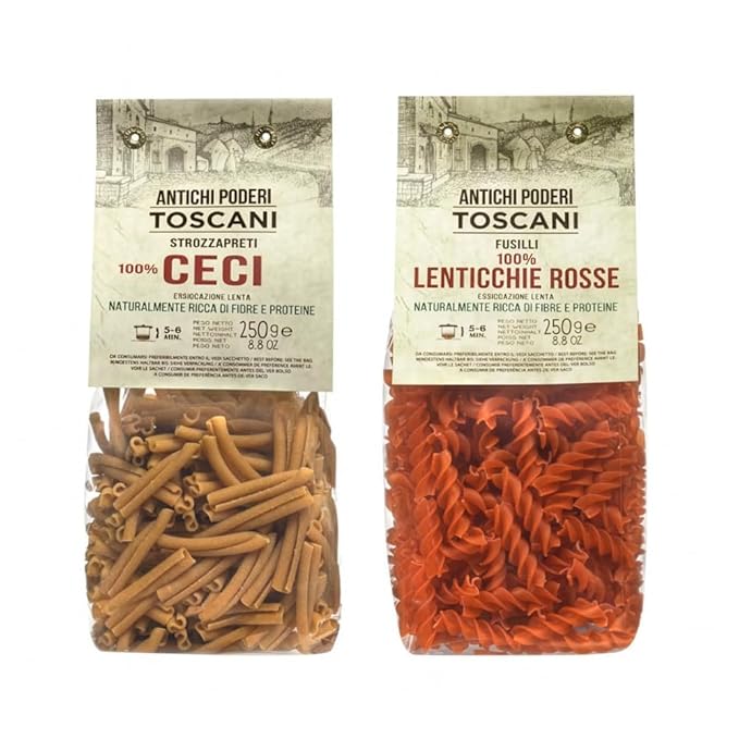 Antichi Poderi Toscani Pasta Duo - Red Lentil Fusilli &amp Chickpea Strozzapretti 8.8oz | Protein Rich High Fiber Imported from Italy