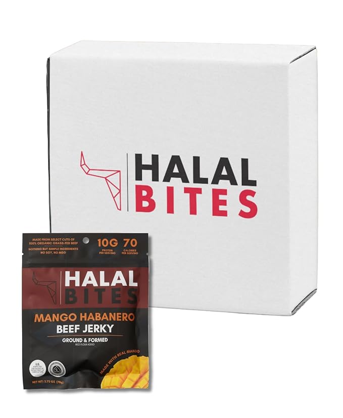 12-Pack (Bulk Size) Halal Bites Mango Habanero Flavor Beef Jerky Organic Grass-Fed Beef Naturally Smoked Infused with Honey &amp Black Cumin Seed
