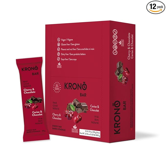 Krono Nutrition Energy Bar - Made with Natural Ingredients - Vegan - Gluten Free - Nuts Free - Soy Free - 50 gram per bars - 12 bars per box (12 count Cherry &amp Chocolate)