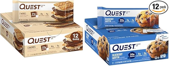 Quest S'mores (12 Count) and Blueberry Muffin (12 Count) Protein Bars Bundle High Protein Gluten Free