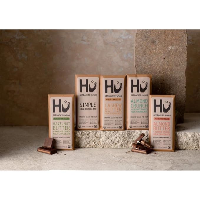 Hu Chocolate Milk Chocolate Bars Variety Pack 5 Count (Simple Hazelnut Butter &amp Hazelnut Crunch Almond Crunch Coconut Flakes Almond Crunch Chocolate Cashew Butter) | Organic Vegan Clean Ing