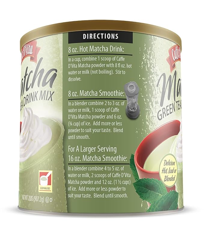 Caffe D'Vita Matcha Green Tea Drink Mix - Japanese Matcha Green Tea Powder Gluten Free Low Fat No Cholesterol No Hydrogenated Oils No Trans Fat Kosher-Dairy Green Matcha Tea Powder - 2 Lb Can