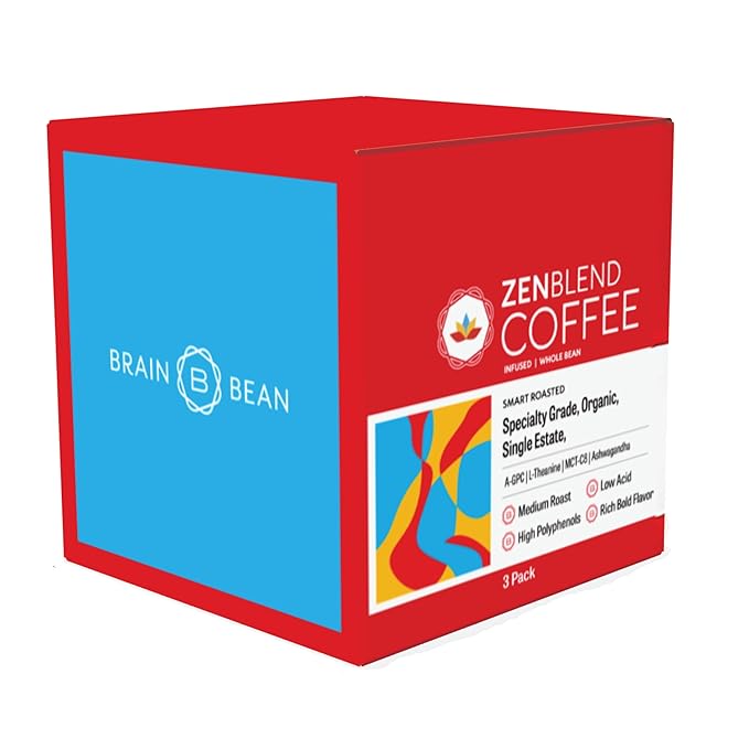 Brain Bean Zen-Blend Organic Coffee Whole Bean with Caprylic Acid MCT (C-8) A-GPC L-Theanine &amp Ashwagandha Extract - Premium Grade Organic Coffee Beans for Focus &amp Calm Support -16 Oz (3-Pac