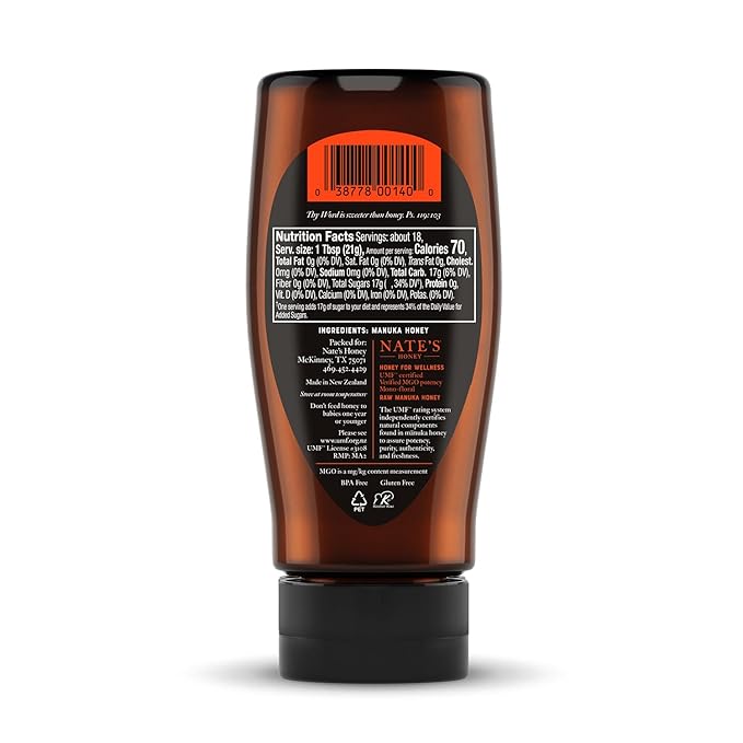 Nate's Raw Manuka Honey New Zealand MGO 512+ | UMF Certified 15+ | 13.2 oz Squeeze Bottle