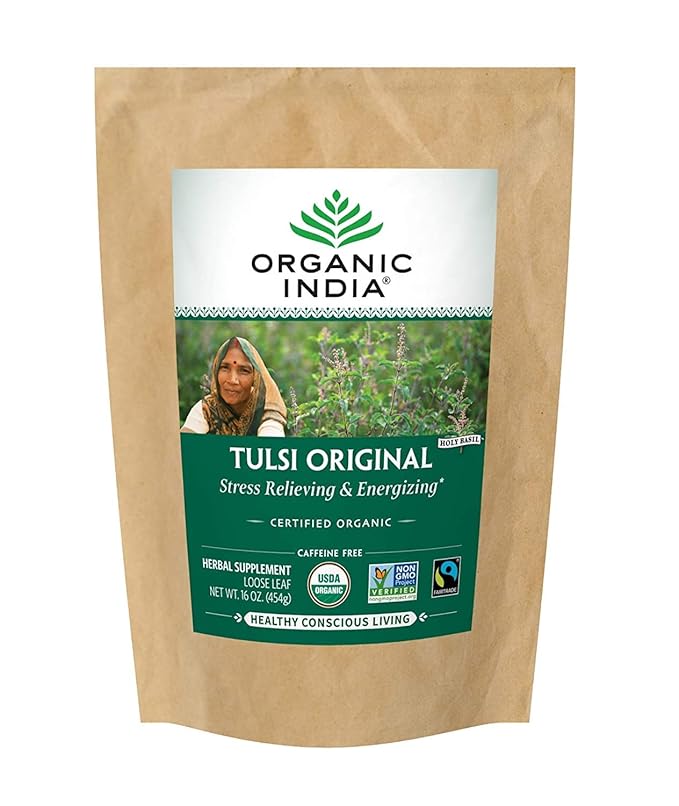 Organic India Tulsi Original Loose Leaf Herbal Tea - Immune Support Vegan Gluten-Free Kosher USDA Certified Organic Non-GMO Caffeine-Free Healthy Stress-Relief &amp Uplift Mood - 1 lb Bag
