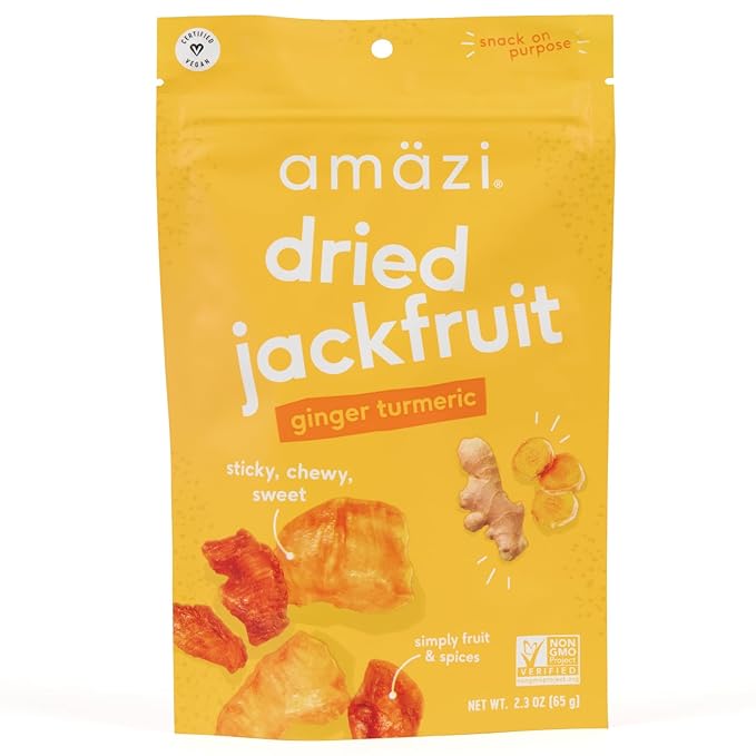 Amäzi Foods | Ginger Turmeric Dried Jackfruit (6 2.3oz Packs) | All Natural Snacks | Gluten Free Healthy Dried Fruit Snacks