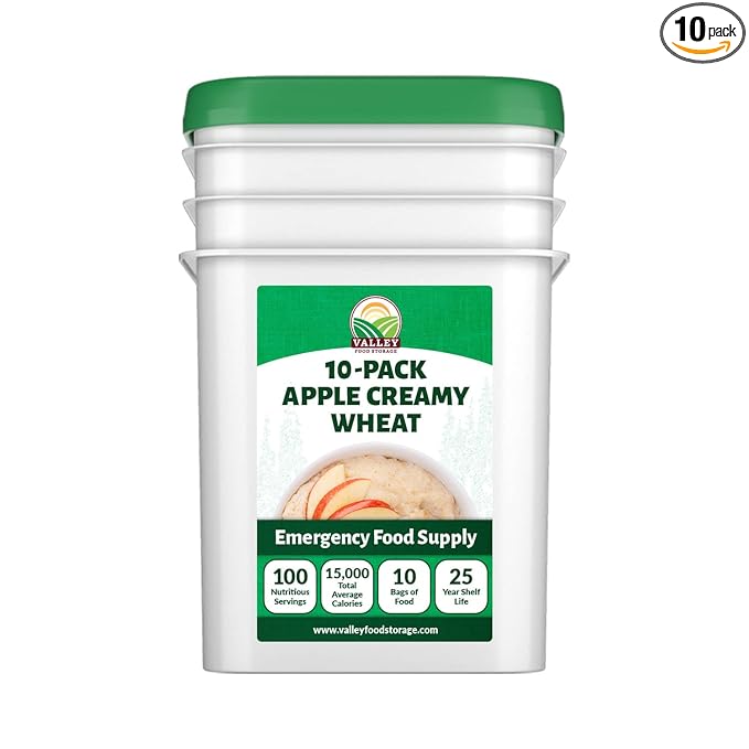 Valley Food Storage Apple Creamy Wheat | 100 Serving Emergency Breakfast Food Supply 10-Bag Bucket | 25 Year Shelf Life | Survival Meals for Long Term Food Storage Camping &amp Prepper Supplies