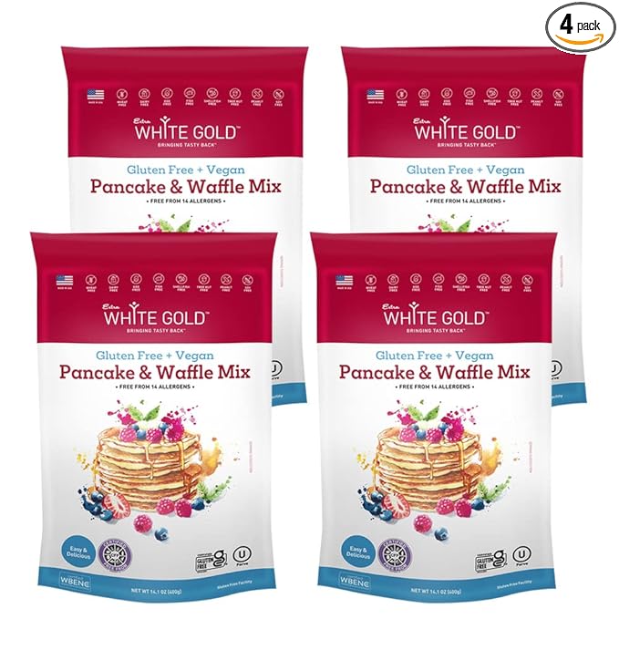 Extra White Gold Pancake &amp Waffle Mix – For Baking Cakes Cupcakes Desserts – [Gluten Free] [Nut Free] [Free of the Top 14 Major Allergens] – 14.1 Ounces (4 Pack)