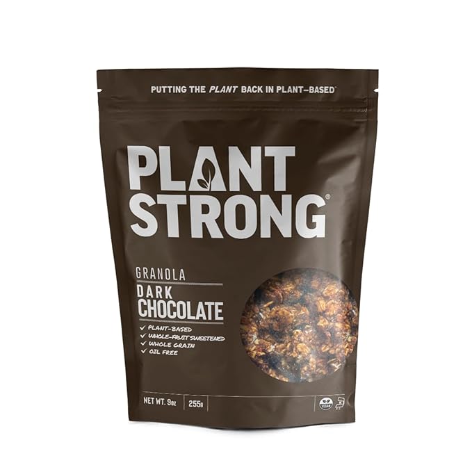 PLANTSTRONG Dark Chocolate Granola – Whole Grain Oil-Free Granola Sweetened Only with Dates Made from Whole Plants Handmade Small Batch Crunchy Breakfast Cereal or Snack (4-Pack (9 oz Bags))
