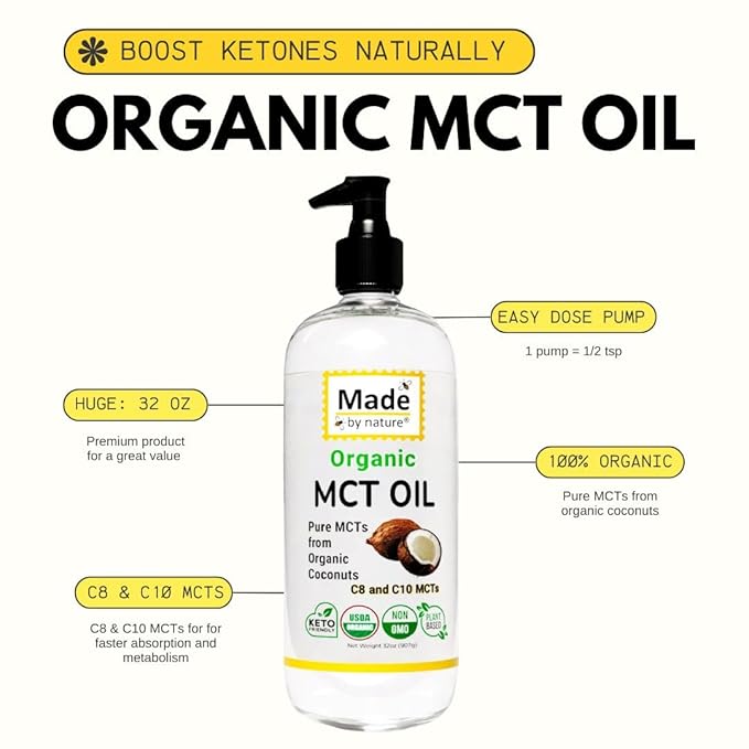 Made By Nature Organic MCT Oil 32 oz Pure MCTs from Coconuts C8 and C10 MCTs Keto Diet Friendly Use in Coffee High Bioavailability