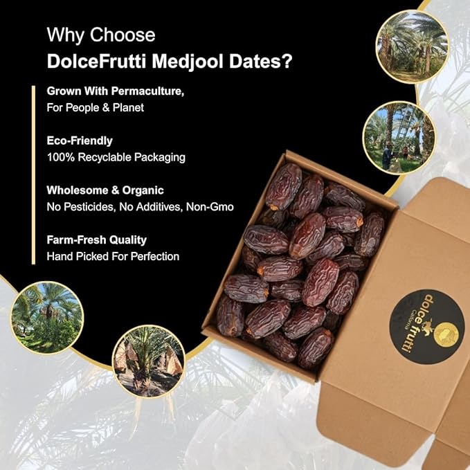 Dolce Frutti Medjool Dates– 4 Lbs –Naturally Sweet with Rich Caramel Taste Grown in California Using Permaculture Practices Great for Snacking &amp Blending Farm Fresh &amp Handpicked