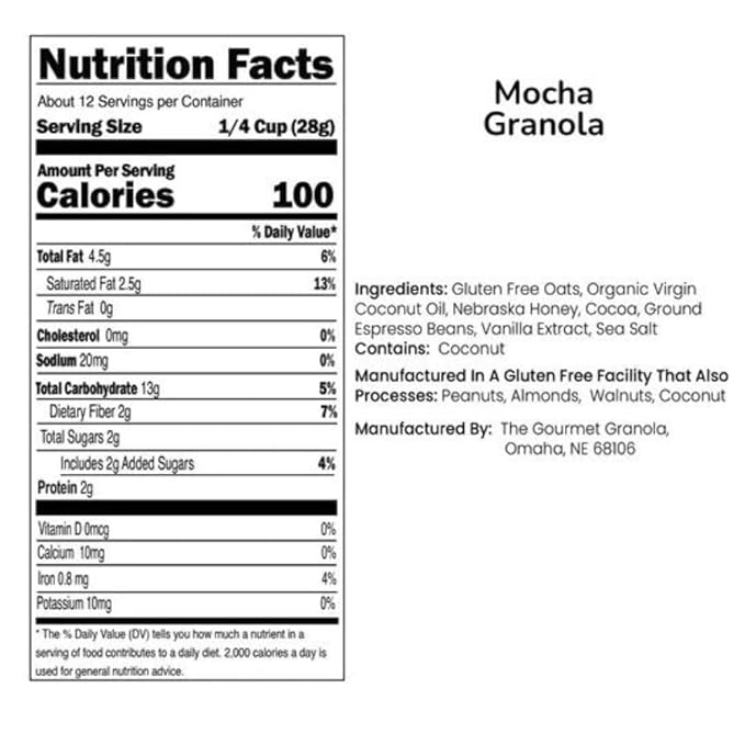 The Gourmet Granola Mocha Granola | Healthy Snack | Gluten Free Soy Free Dairy Free | Adds a Chocolatey Crunch to Yogurt &amp Vanilla Ice Cream | Enjoy Hot or Cold | Nebraska Made | 12 oz Bag | 3 P