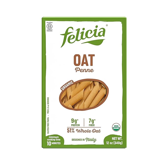 Felicia Gluten Free Pasta Oat Penne Organic Whole Grain Noodles Made With 51% Whole Oat and Brown Rice Natural Fiber Ingredients Designed in Italy Plant Based Non GMO 12 Oz 6 Boxes