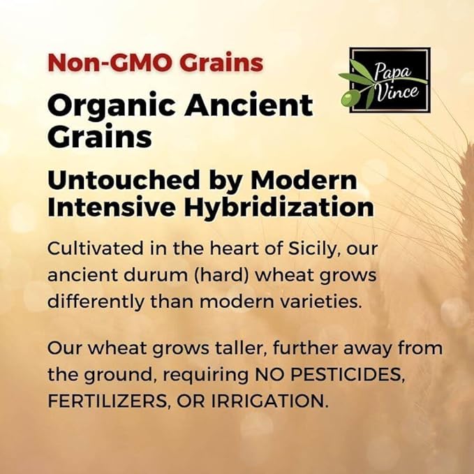 Papa Vince Organic Whole Wheat Non Enriched Rigatoni: Low Gluten Italian Pasta made in Italy from Organic Non GMO Khorasan Ancient Grain grown in Sicily. Slow Dried Bronze Die Cut. High in Selenium &a