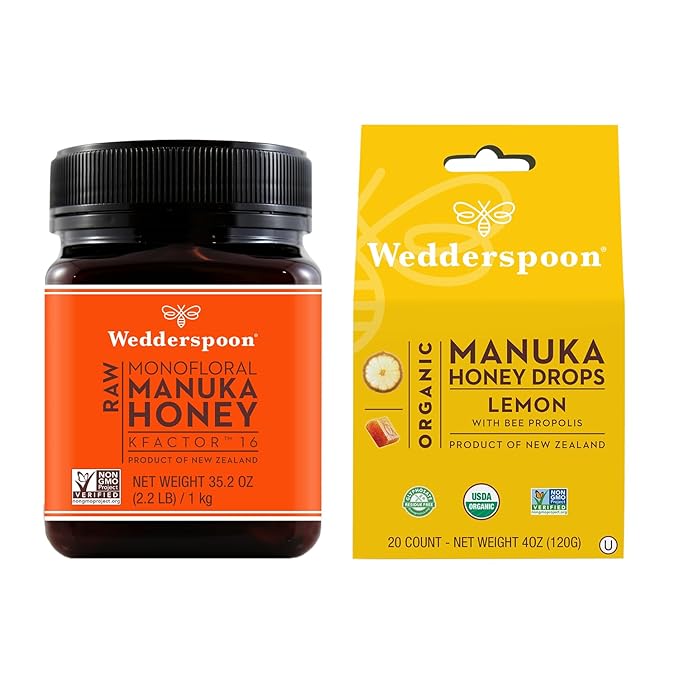 Bundle - Wedderspoon Raw Premium Manuka Honey KFactor 16 (35.2 Oz) and Manuka Honey Drops Lemon &amp Bee Propolis (4 Oz)