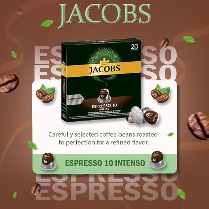 Jacobs Espresso 10 Intense 10x20 CAPSULES Coffee Capsules Compatible with (052 USD/1 CAP)