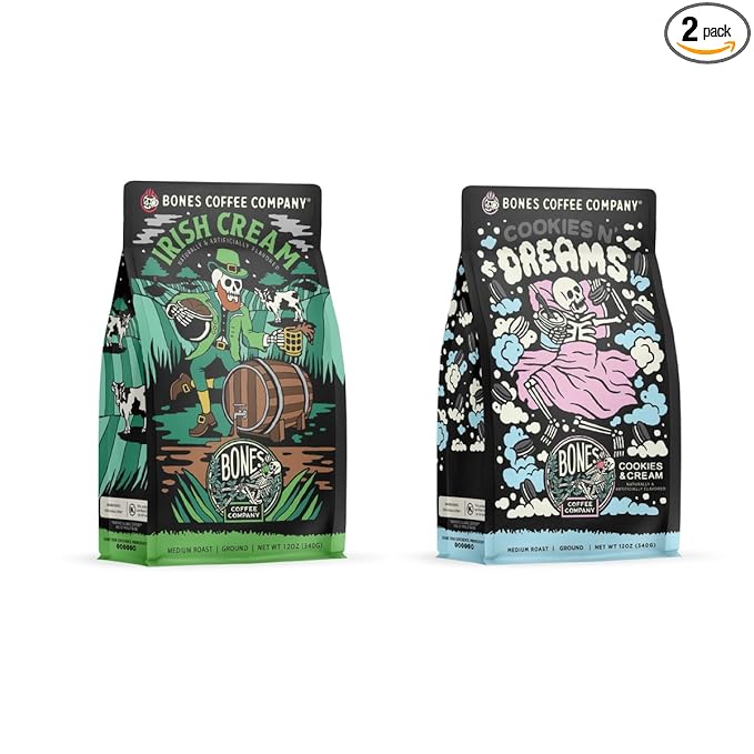 Bones Coffee Company Cookies 'N Dreams and Irish Cream Flavored Ground Coffee Beans Bundle | 12 oz Medium Roast Arabica Low Acid Coffee (Ground)