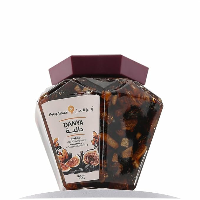Reeq AlNahl Danya Premium Honey Blend – Natural Honey with Figs &amp Raisins 500g Jar – Rich Gourmet Honey for Breakfast Tea Baking &amp Drizzling