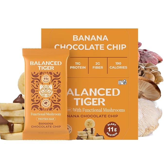 Functional Mushroom Vegan Protein Bars | Made in USA | Full Dose Lions Mane Shitake Reishi &amp Maitake Bars | Plant Protein Bars w/Adaptogens &amp Superfoods | Banana Chocolate Chip Flavor