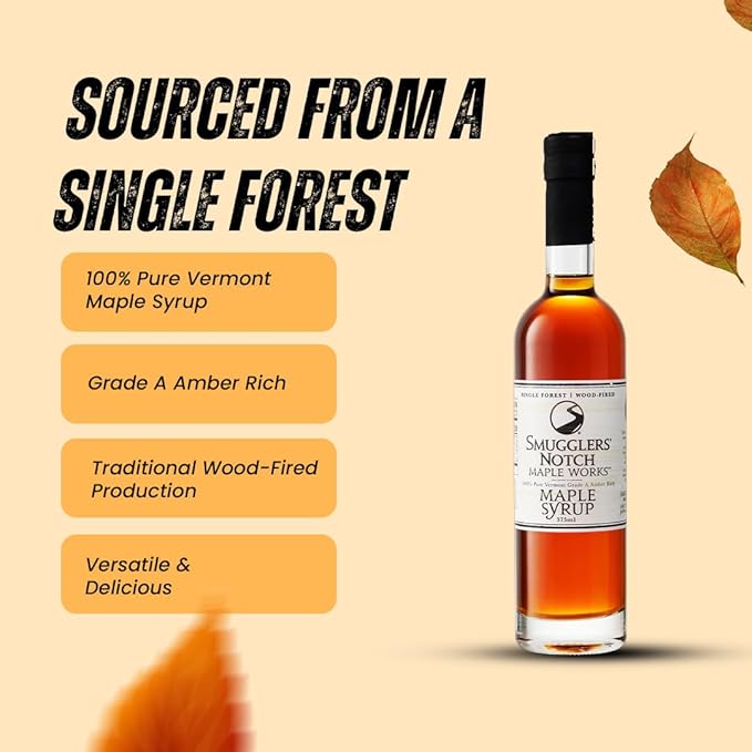 Smugglers’ Notch Maple Works – Single Forest Wood Fired – 100% Pure Vermont Maple Syrup – Natural Sweetener &amp Gluten Free – Rich Taste – Waffles and Pancakes Cocktails Marinades 12.68 Fl Oz. (3