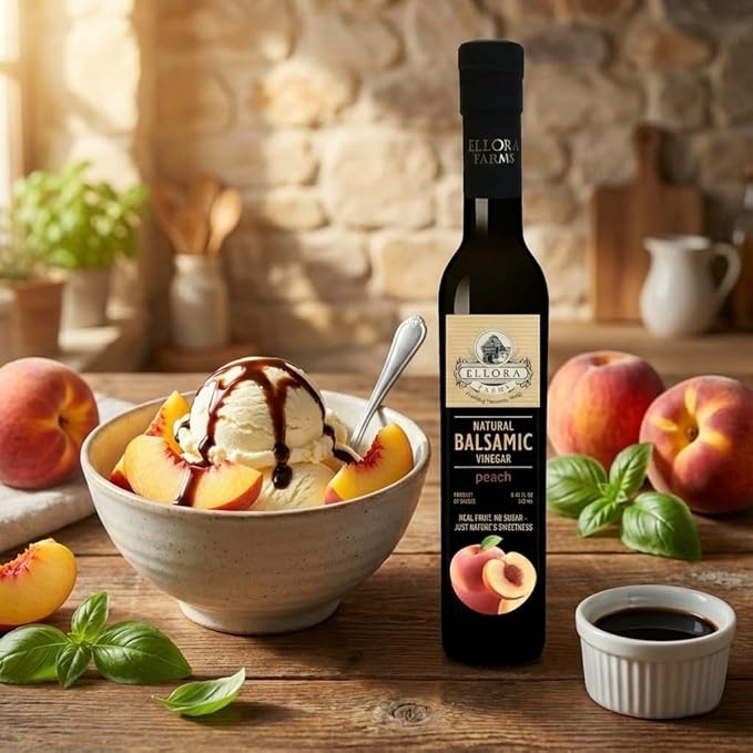 Ellora Farms Peach Infused Balsamic Vinegar Great Taste Award thick and creamy no-added sugars no-preservatives 8.45 oz. bottle (Peach)