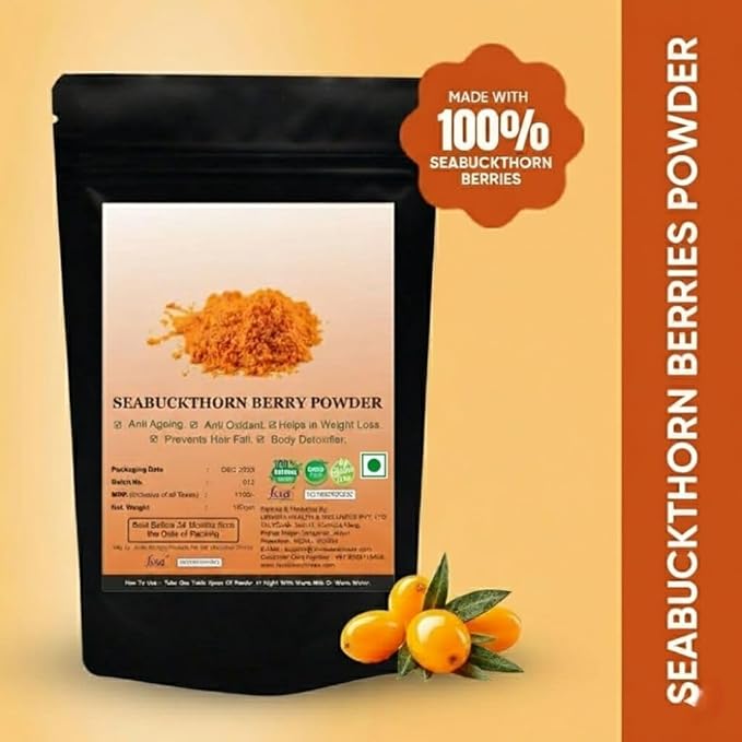 Organics Sea Buckthorn Berries Powder (150 Gm) Best Source of Vitamins and Phytonutrients | Dry SeaBuckthorn Berries Powder | Rich in Fiber Omegas Vitamin C E Source of Vitamins