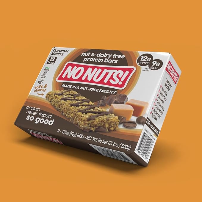 No Nuts! Caramel Mocha Protein Bars Nut-Free &amp School-Safe | 12g Plant Protein Dairy-Free Vegan Gluten-Free Non-GMO Organic Kosher | 12 Count